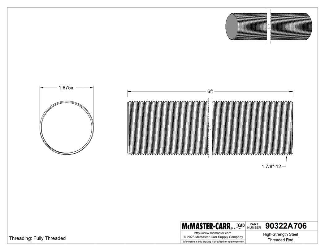 Technical Drawing of High-Strength Steel Threaded Rod, 1-7/8"-12 Thread Size, 6 Feet Long.